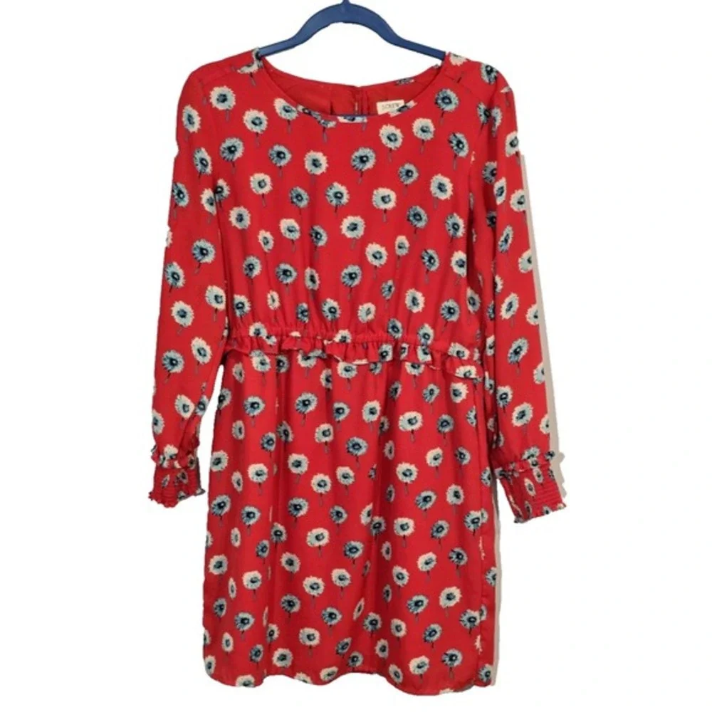 J. Crew Women's Dandelion Print Long Sleeve Dress Ruffle Elastic Cuff‎ Size 8